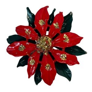Vintage Enamel Red & Green Poinsettia Brooch Gold Glitter Flower Pin